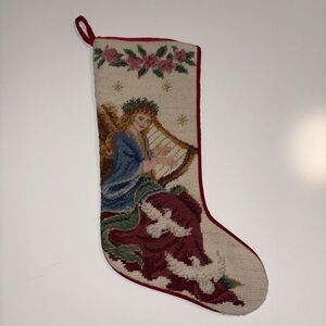 Vtg Christmas Needlepoint Stocking Angel Harp Doves 1991 Imperial Elegance